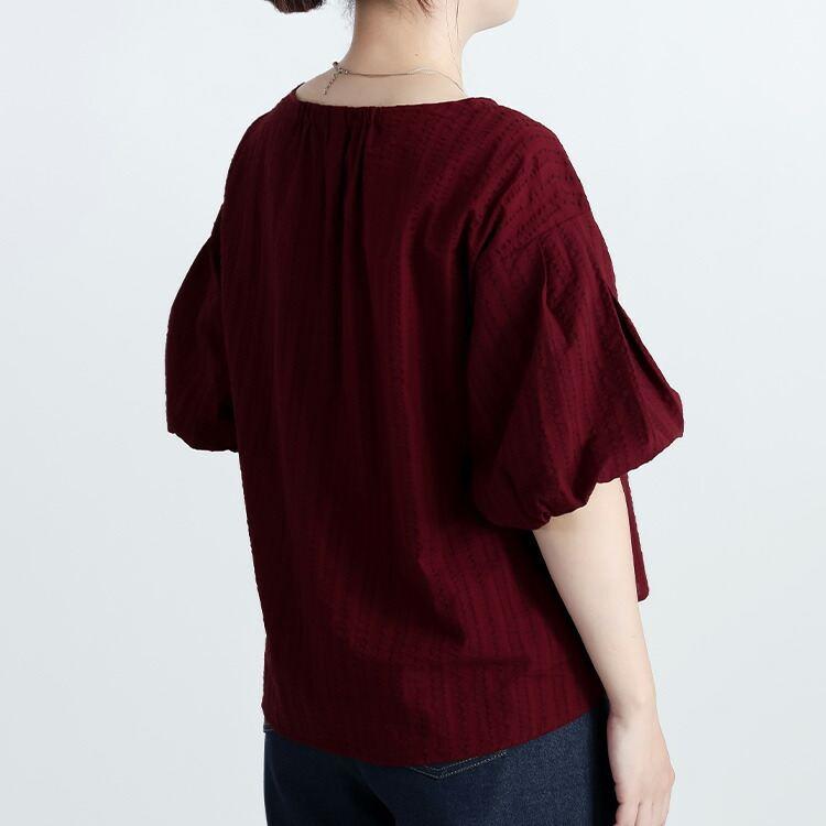 【送料無料】 シャドーストライプぽわん袖チュニック 3色 M L 洗える 綿100% 五分袖 レディース トップス チュニック クルーネック ストライプ 春夏秋 |  | 10