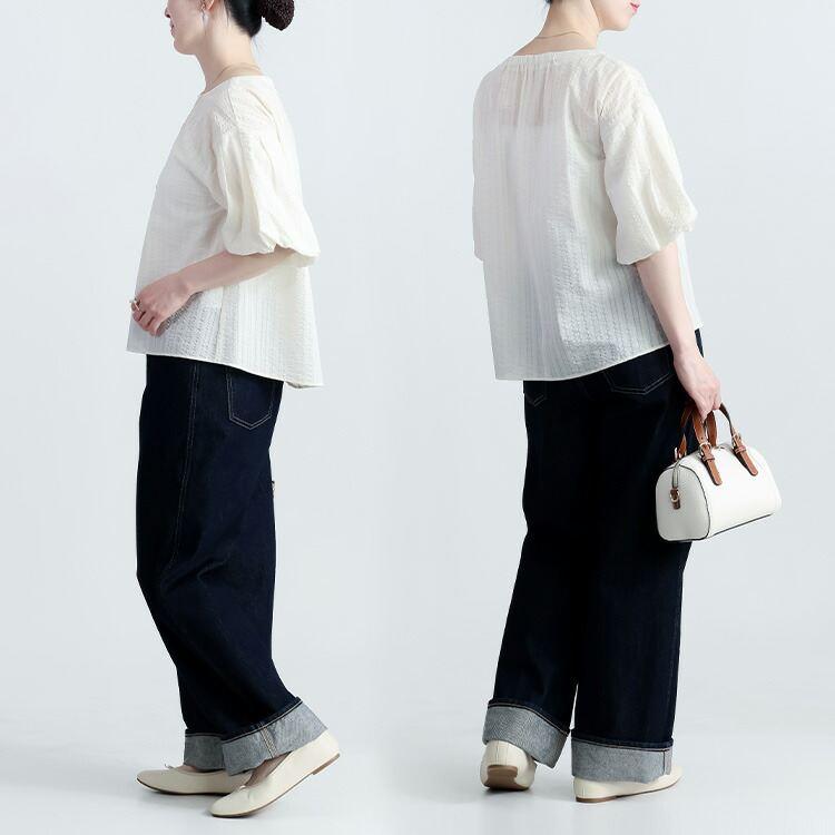 【送料無料】 シャドーストライプぽわん袖チュニック 3色 M L 洗える 綿100% 五分袖 レディース トップス チュニック クルーネック ストライプ 春夏秋 |  | 06