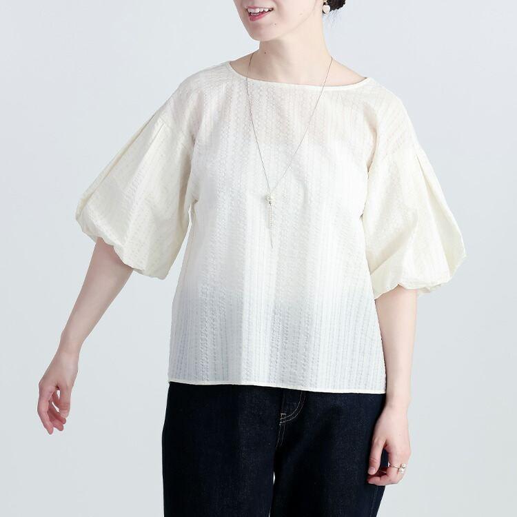 【送料無料】 シャドーストライプぽわん袖チュニック 3色 M L 洗える 綿100% 五分袖 レディース トップス チュニック クルーネック ストライプ 春夏秋 |  | 07