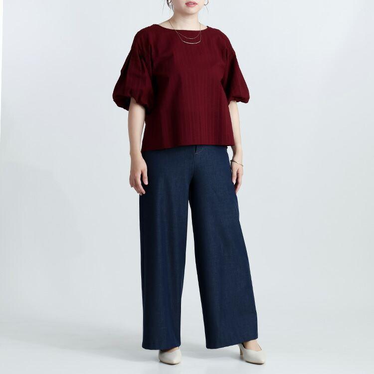 【送料無料】 シャドーストライプぽわん袖チュニック 3色 M L 洗える 綿100% 五分袖 レディース トップス チュニック クルーネック ストライプ 春夏秋 |  | 09