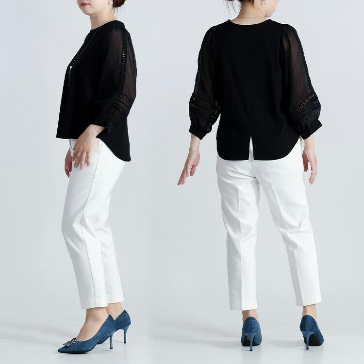 【送料無料】 レース使いぽわん袖チュニック 3色 M L 洗える 7分袖 レディース トップス チュニック カットソー ぽわん袖 異素材 レース 春夏秋 |  | 12