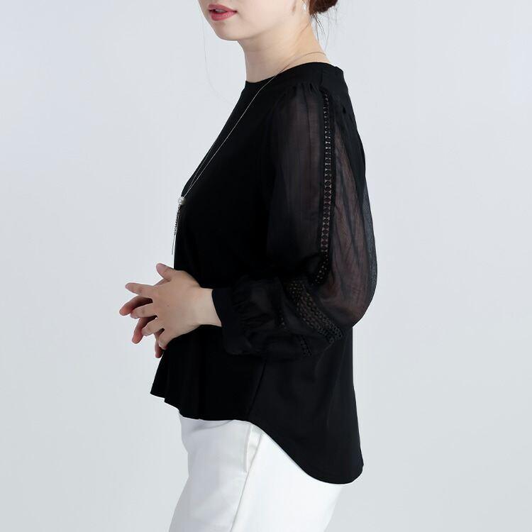 【送料無料】 レース使いぽわん袖チュニック 3色 M L 洗える 7分袖 レディース トップス チュニック カットソー ぽわん袖 異素材 レース 春夏秋 |  | 13