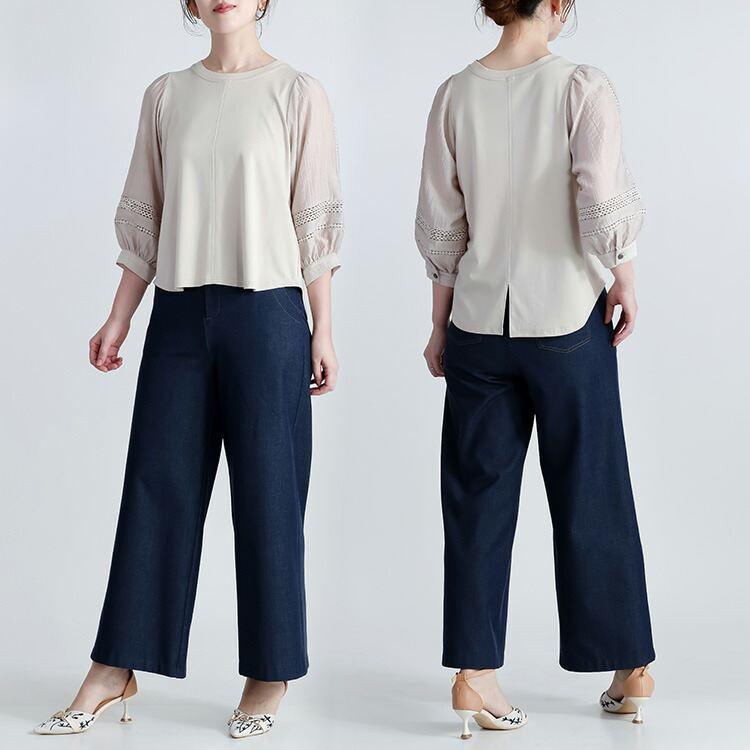 【送料無料】 レース使いぽわん袖チュニック 3色 M L 洗える 7分袖 レディース トップス チュニック カットソー ぽわん袖 異素材 レース 春夏秋 |  | 06