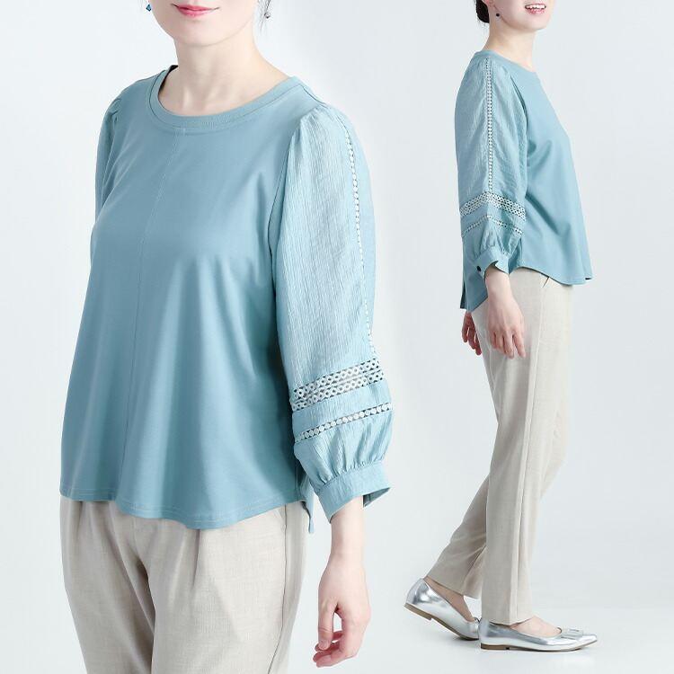 【送料無料】 レース使いぽわん袖チュニック 3色 M L 洗える 7分袖 レディース トップス チュニック カットソー ぽわん袖 異素材 レース 春夏秋 |  | 09