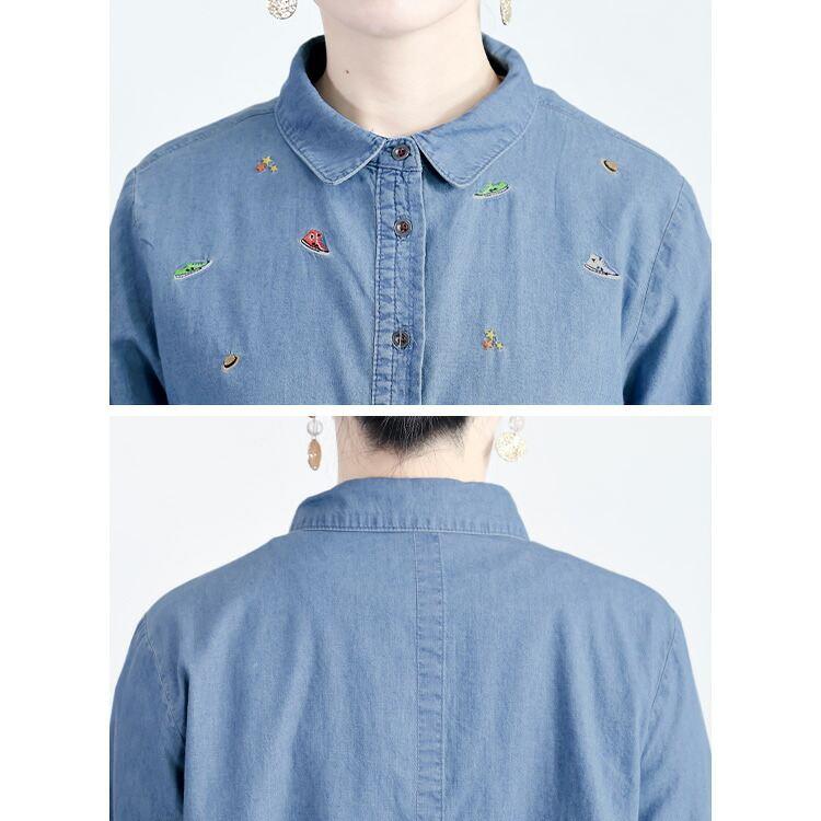 【送料無料】あそびゴコロ溢れるスニーカー刺繍デニムブラウス 2色 M-LL 洗える 長袖 レディース トップス ブラウス 綿100％ デニム カラフル刺繍 星 靴 帽子 |  | 14