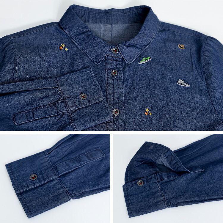 【送料無料】あそびゴコロ溢れるスニーカー刺繍デニムブラウス 2色 M-LL 洗える 長袖 レディース トップス ブラウス 綿100％ デニム カラフル刺繍 星 靴 帽子 |  | 15