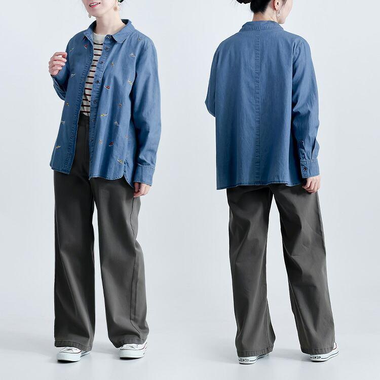 【送料無料】あそびゴコロ溢れるスニーカー刺繍デニムブラウス 2色 M-LL 洗える 長袖 レディース トップス ブラウス 綿100％ デニム カラフル刺繍 星 靴 帽子 |  | 08