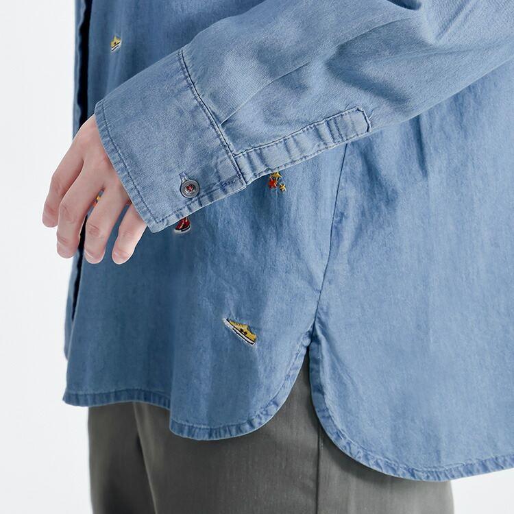 【送料無料】あそびゴコロ溢れるスニーカー刺繍デニムブラウス 2色 M-LL 洗える 長袖 レディース トップス ブラウス 綿100％ デニム カラフル刺繍 星 靴 帽子 |  | 09