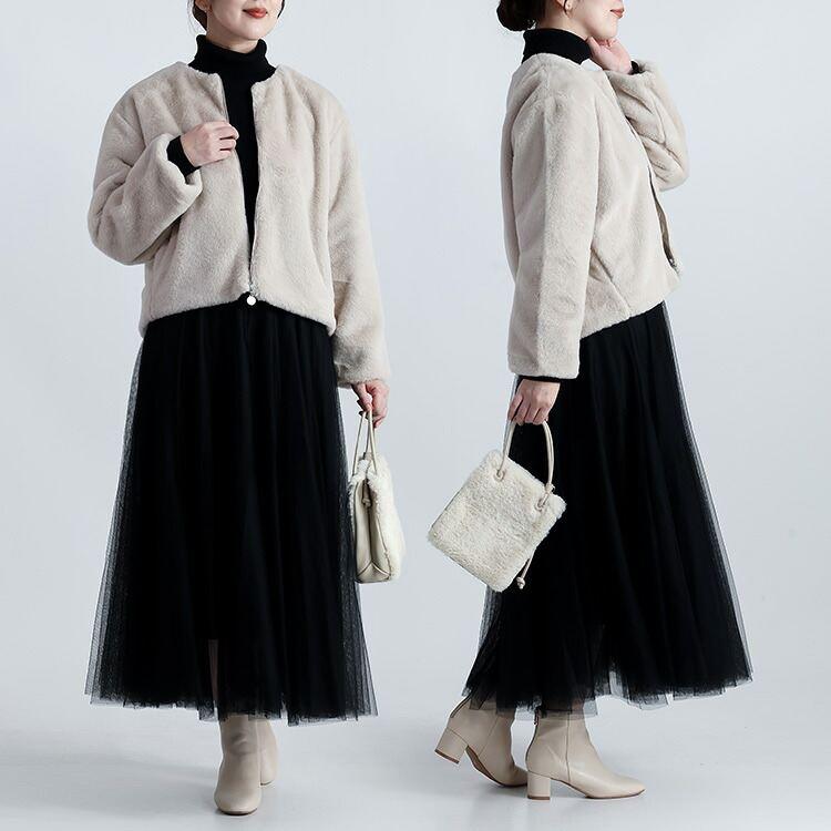 【新作】【送料無料】 ファーブルゾン 2色 M L 長袖 裏地あり レディース アウター コート ジャケット ブルゾン エコファー ノーカラー 前ファスナー 楽ちん |  | 05