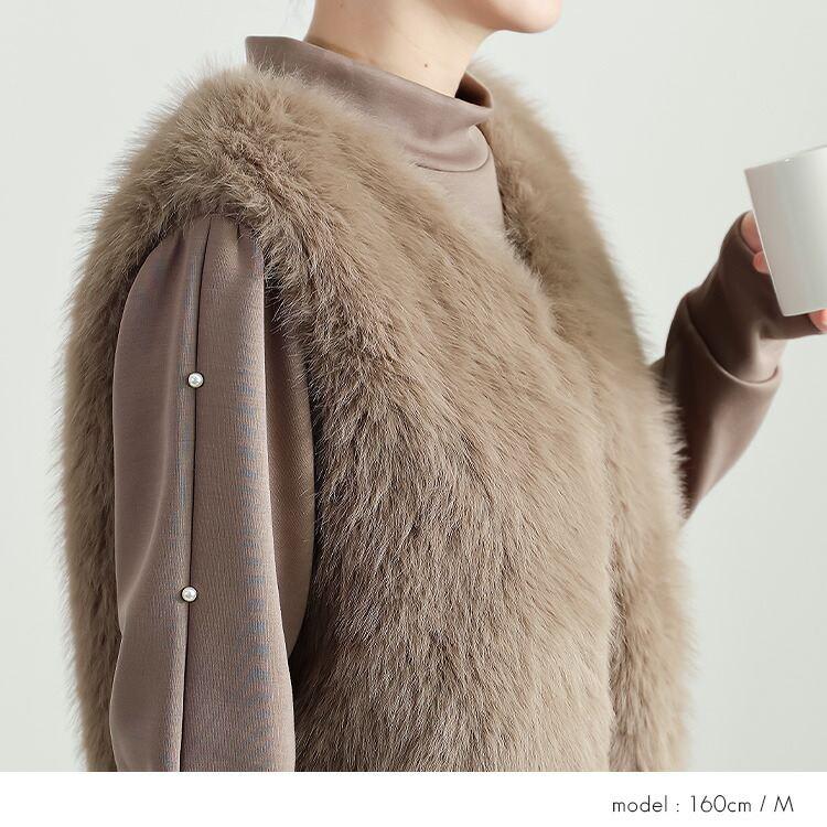 【準新作/送料無料】 ファーベスト×パール使いコンビワンピース M L 長袖 レディース トップス ワンピース ロングワンピース ハイネック 2点セット 春秋冬 |  | 10