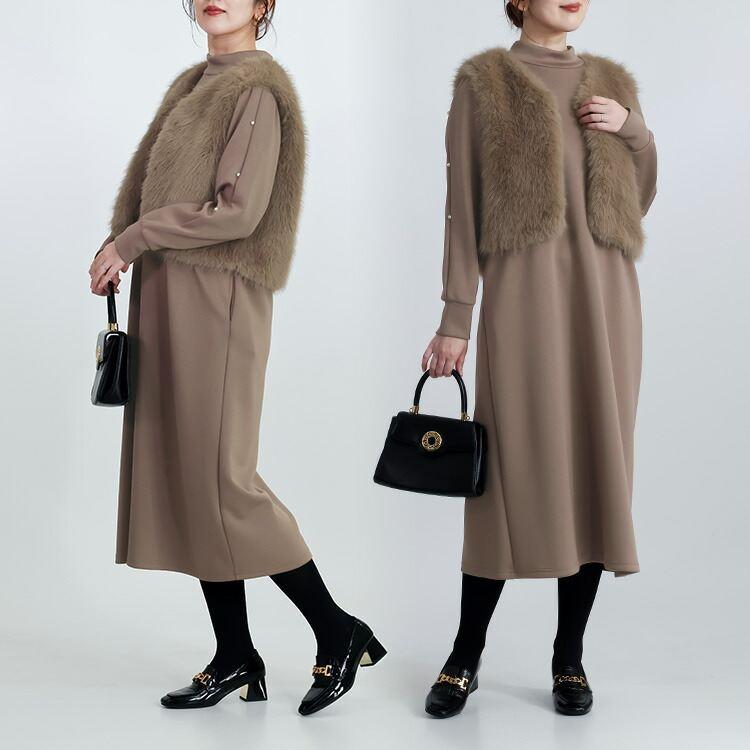 【準新作/送料無料】 ファーベスト×パール使いコンビワンピース M L 長袖 レディース トップス ワンピース ロングワンピース ハイネック 2点セット 春秋冬 |  | 13