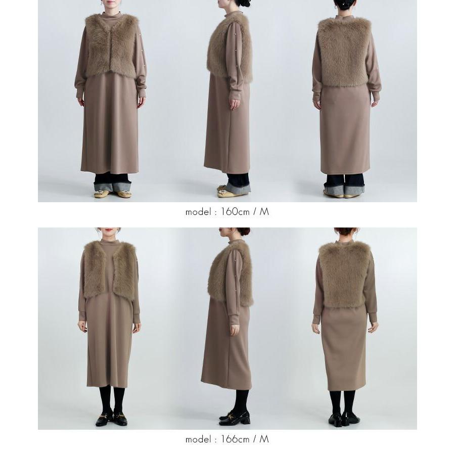 【準新作/送料無料】 ファーベスト×パール使いコンビワンピース M L 長袖 レディース トップス ワンピース ロングワンピース ハイネック 2点セット 春秋冬 |  | 17