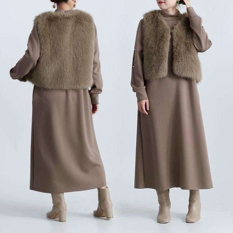 【準新作/送料無料】 ファーベスト×パール使いコンビワンピース M L 長袖 レディース トップス ワンピース ロングワンピース ハイネック 2点セット 春秋冬 |  | 08