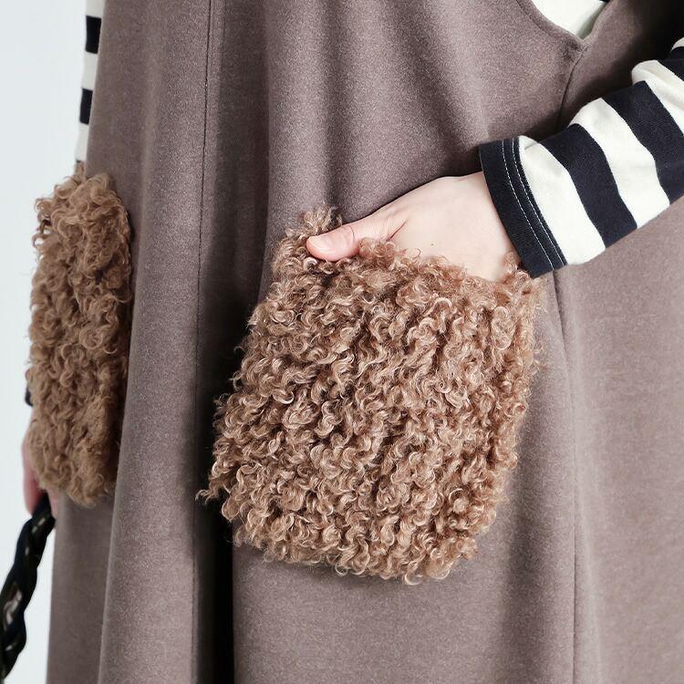 【新作】【送料無料】 ファーポケット付ジャンパースカート 2色 M-L レディース トップス ジャンパースカート ワンピース Vネック ウールライク フェイクウール |  | 10