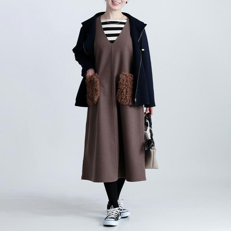 【新作】【送料無料】 ファーポケット付ジャンパースカート 2色 M-L レディース トップス ジャンパースカート ワンピース Vネック ウールライク フェイクウール |  | 11