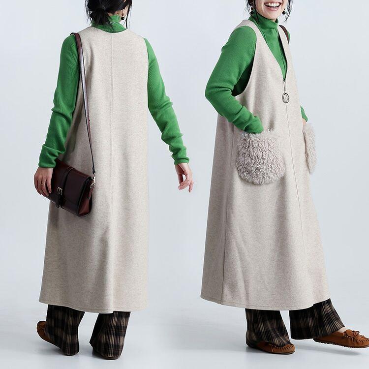 【新作】【送料無料】 ファーポケット付ジャンパースカート 2色 M-L レディース トップス ジャンパースカート ワンピース Vネック ウールライク フェイクウール |  | 06