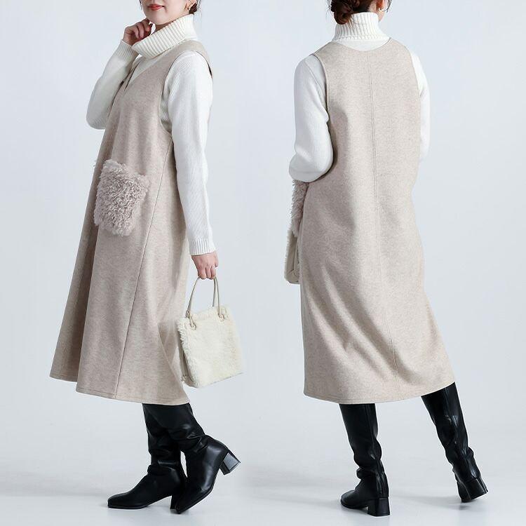 【新作】【送料無料】 ファーポケット付ジャンパースカート 2色 M-L レディース トップス ジャンパースカート ワンピース Vネック ウールライク フェイクウール |  | 08