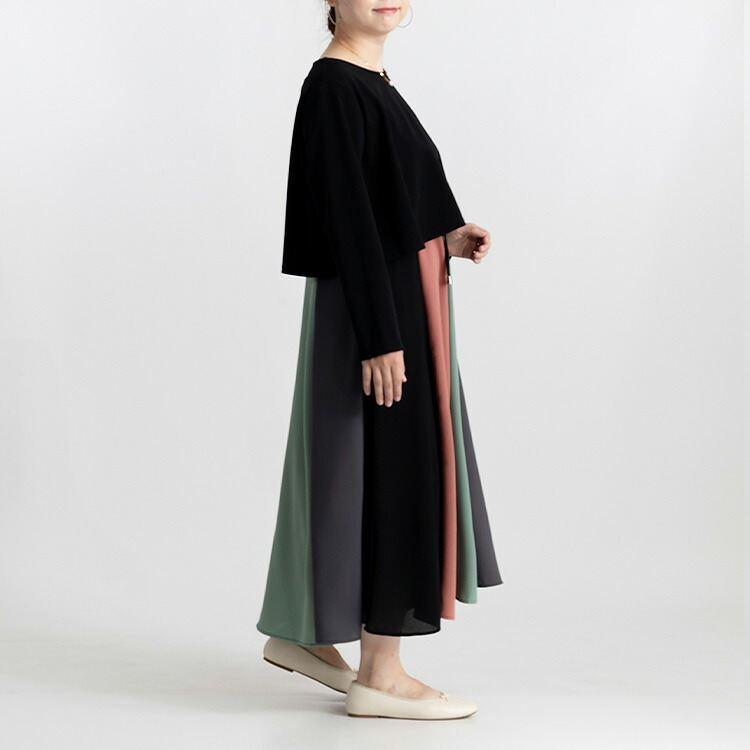 【送料無料】 レイヤード風ワンピース 3色 M L 洗える 長袖 レディース トップス ワンピース Aライン 重ね着風 無地 バイカラー 体型カバー 春秋 |  | 13