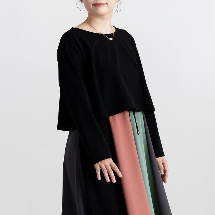 【送料無料】 レイヤード風ワンピース 3色 M L 洗える 長袖 レディース トップス ワンピース Aライン 重ね着風 無地 バイカラー 体型カバー 春秋 |  | 14