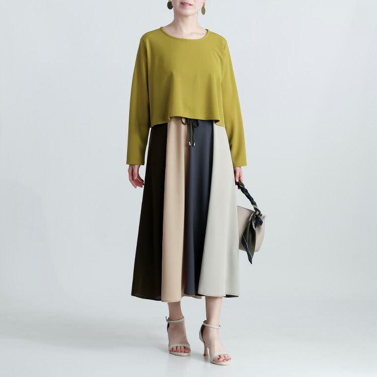 【送料無料】 レイヤード風ワンピース 3色 M L 洗える 長袖 レディース トップス ワンピース Aライン 重ね着風 無地 バイカラー 体型カバー 春秋 |  | 07