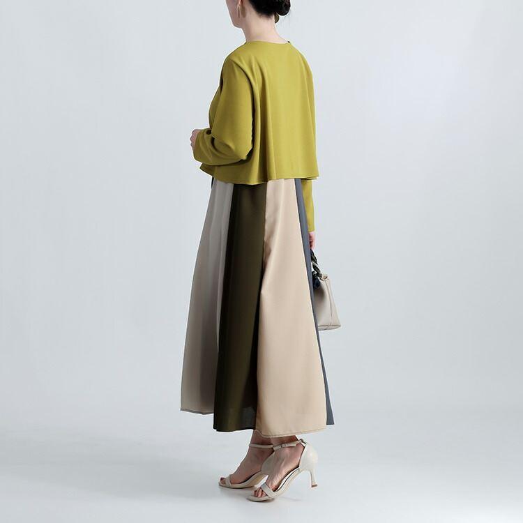 【送料無料】 レイヤード風ワンピース 3色 M L 洗える 長袖 レディース トップス ワンピース Aライン 重ね着風 無地 バイカラー 体型カバー 春秋 |  | 08