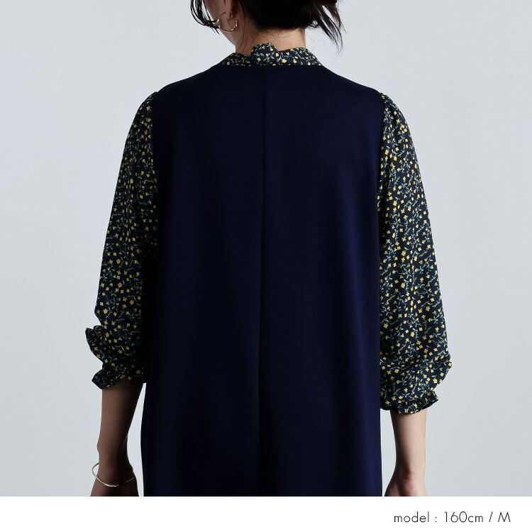 【送料無料】 ボウタイドッキングワンピース M L 洗える 長袖 レディース ワンピース ラウンドネック ボウタイ リボン 花柄 体型カバー 春秋冬 |  | 10