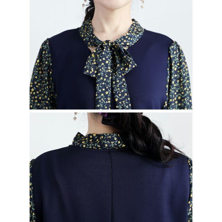 【送料無料】 ボウタイドッキングワンピース M L 洗える 長袖 レディース ワンピース ラウンドネック ボウタイ リボン 花柄 体型カバー 春秋冬 |  | 11