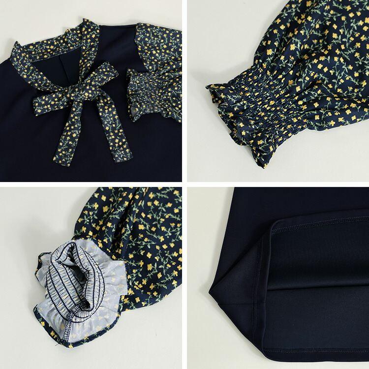 【送料無料】 ボウタイドッキングワンピース M L 洗える 長袖 レディース ワンピース ラウンドネック ボウタイ リボン 花柄 体型カバー 春秋冬 |  | 12