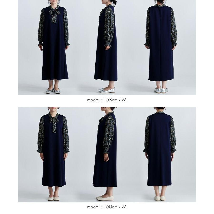 【送料無料】 ボウタイドッキングワンピース M L 洗える 長袖 レディース ワンピース ラウンドネック ボウタイ リボン 花柄 体型カバー 春秋冬 |  | 13