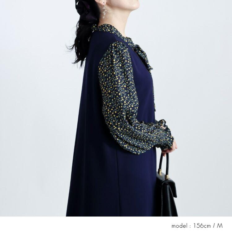 【送料無料】 ボウタイドッキングワンピース M L 洗える 長袖 レディース ワンピース ラウンドネック ボウタイ リボン 花柄 体型カバー 春秋冬 |  | 07