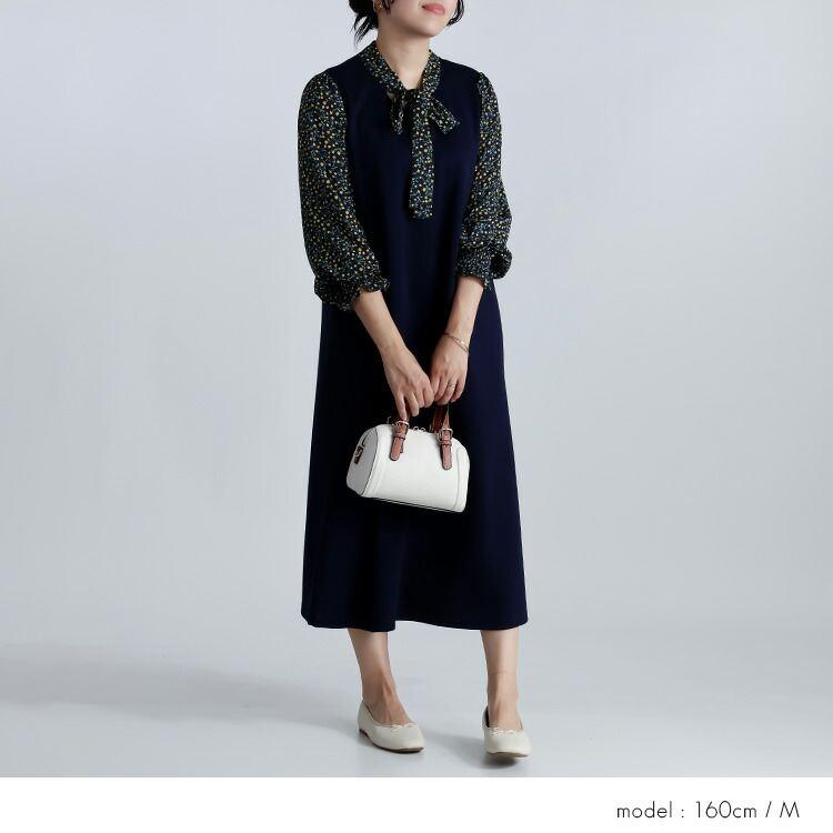 【送料無料】 ボウタイドッキングワンピース M L 洗える 長袖 レディース ワンピース ラウンドネック ボウタイ リボン 花柄 体型カバー 春秋冬 |  | 08