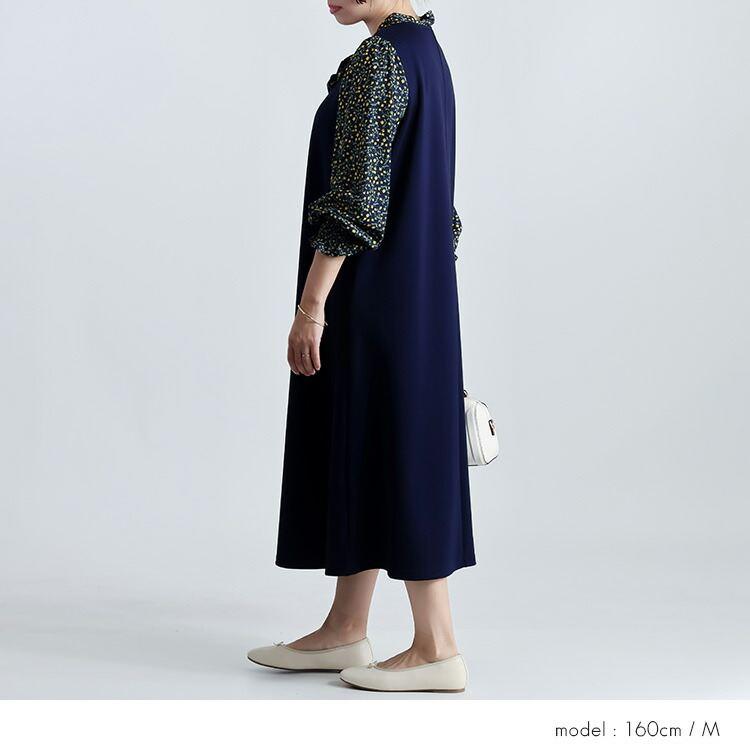 【送料無料】 ボウタイドッキングワンピース M L 洗える 長袖 レディース ワンピース ラウンドネック ボウタイ リボン 花柄 体型カバー 春秋冬 |  | 09