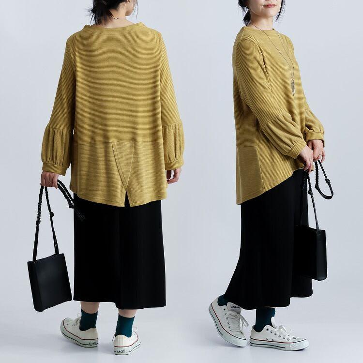 【新作】【送料無料/日本生地使用】 吸湿発熱ボーダーチュニック 4色 M L 洗える レディース トップス カットソー チュニック ぽわん袖 帝人 TEIJIN |  | 07