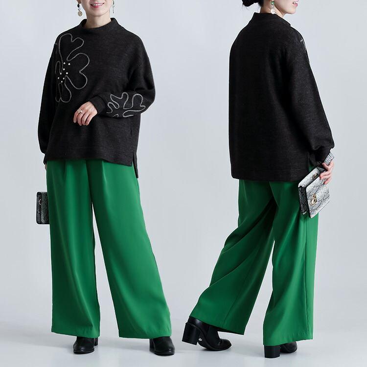 【新作】【送料無料】パール＆コード刺繍チュニック 4色 M L 洗える 長袖 レディース トップス ニット カットソー ハイネック |  | 12