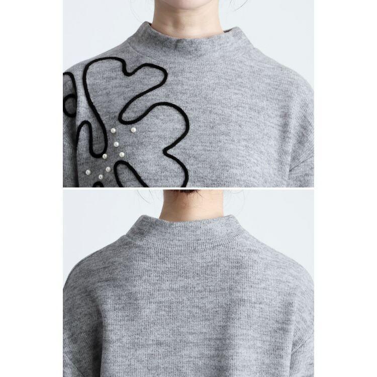 【新作】【送料無料】パール＆コード刺繍チュニック 4色 M L 洗える 長袖 レディース トップス ニット カットソー ハイネック |  | 13