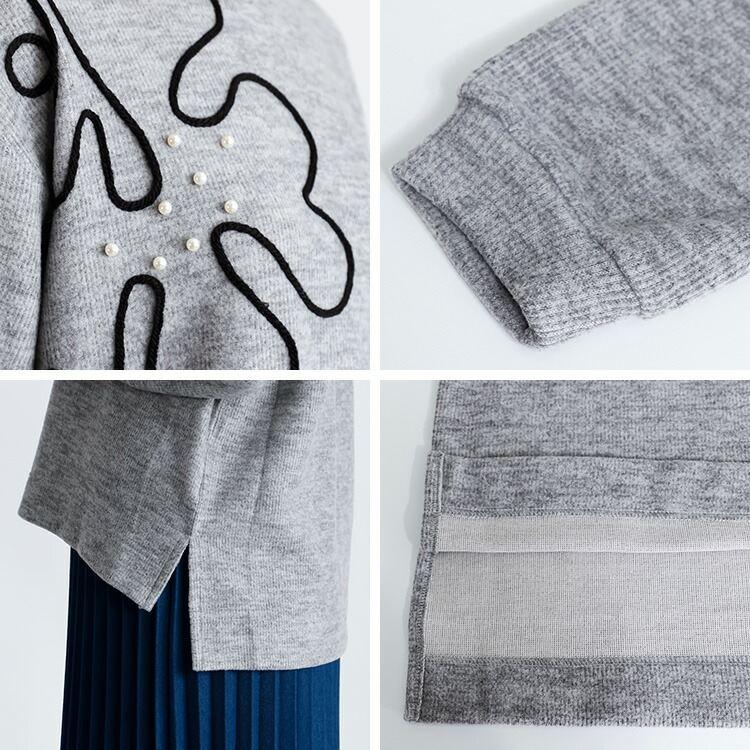 【新作】【送料無料】 パール＆コード刺繍チュニック 4色 M L 洗える 長袖 レディース トップス ニット カットソー ハイネック パール 刺繍 ソフトタッチ |  | 14