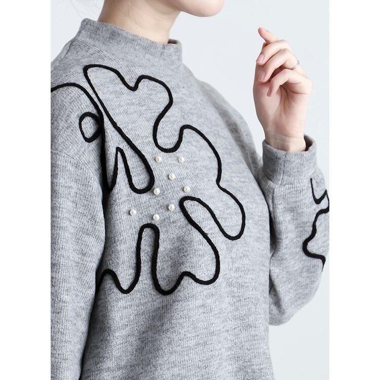 【新作】【送料無料】パール＆コード刺繍チュニック 4色 M L 洗える 長袖 レディース トップス ニット カットソー ハイネック |  | 06