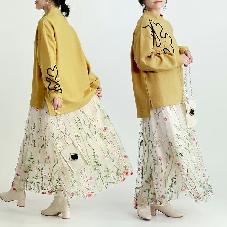 【新作】【送料無料】 パール＆コード刺繍チュニック 4色 M L 洗える 長袖 レディース トップス ニット カットソー ハイネック パール 刺繍 ソフトタッチ |  | 08