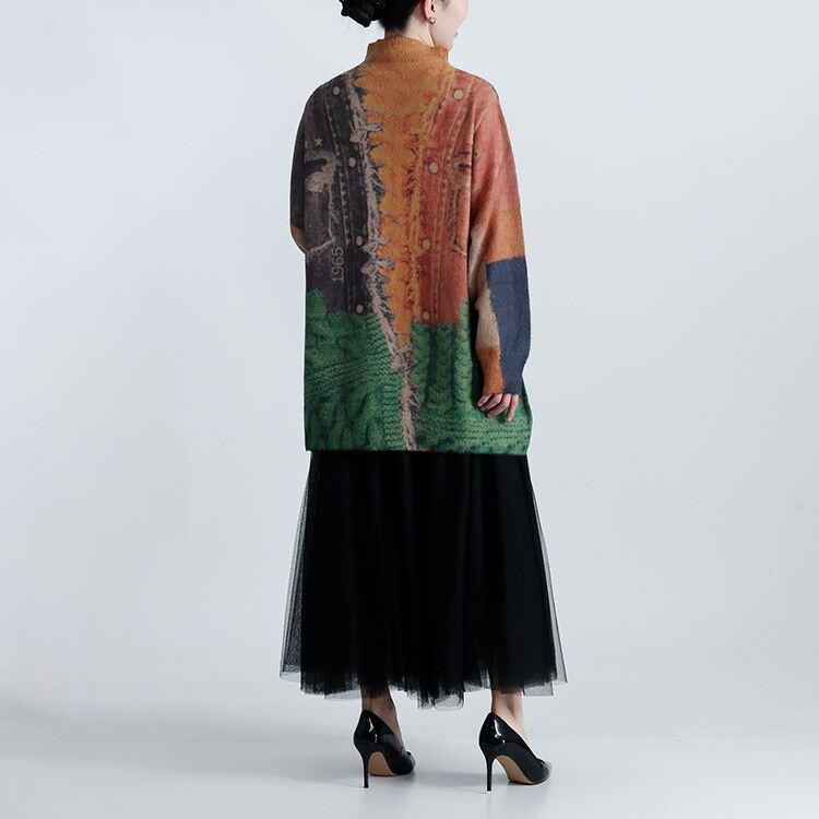 【新作】【送料無料】 アジアン柄ニット 2色 M-L 洗える 長袖 レディース トップス ニット チュニック ミドルゲージニット 花柄 ジャケット風柄 ストレッチ |  | 10