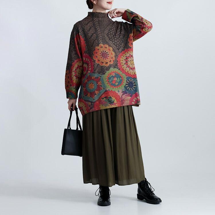 【新作】【送料無料】 アジアン柄ニット 2色 M-L 洗える 長袖 レディース トップス ニット チュニック ミドルゲージニット 花柄 ジャケット風柄 ストレッチ |  | 06