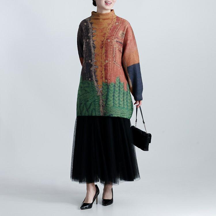 【新作】【送料無料】 アジアン柄ニット 2色 M-L 洗える 長袖 レディース トップス ニット チュニック ミドルゲージニット 花柄 ジャケット風柄 ストレッチ |  | 09