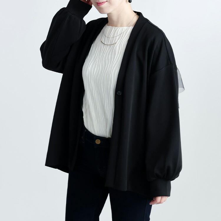 【送料無料】 バックチュール使いカーディガン 4色 M-L 洗える 長袖 レディース トップス アウター カーディガン チュール バックチュール 羽織 春秋冬 |  | 12