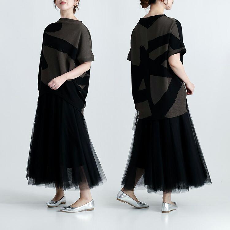 【送料無料/再入荷】 アート柄チュニック 3色 M-L 洗える 半袖 レディース トップス チュニック 体型カバー 二の腕カバー ゆったり ストレッチ  春夏秋 |  | 08