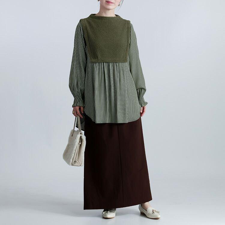 【新作】【送料無料】 ボア使いストライプチュニック 2色 M-L 洗える レディース トップス チュニック 長袖 ボトルネック ラウンドスリットヘム ふわふわ |  | 10