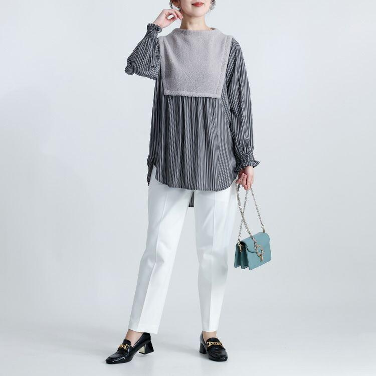 【新作】【送料無料】 ボア使いストライプチュニック 2色 M-L 洗える レディース トップス チュニック 長袖 ボトルネック ラウンドスリットヘム ふわふわ |  | 07