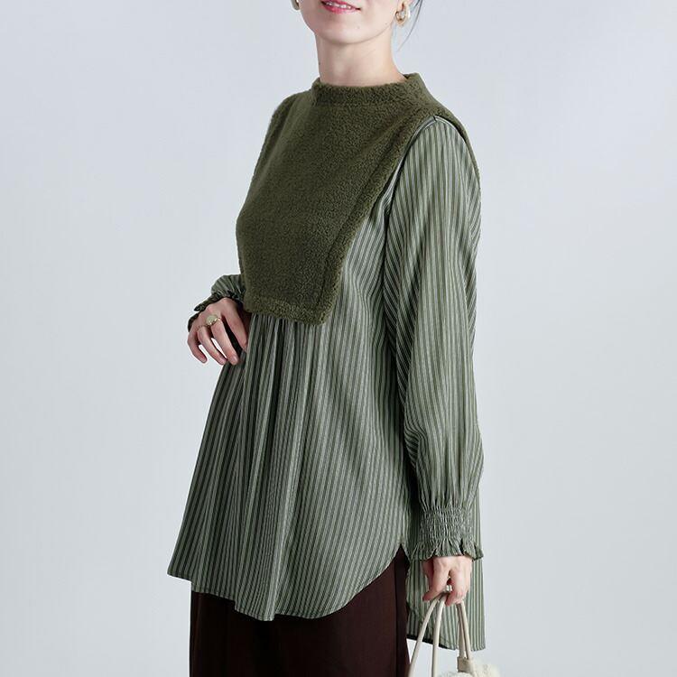 【新作】【送料無料】 ボア使いストライプチュニック 2色 M-L 洗える レディース トップス チュニック 長袖 ボトルネック ラウンドスリットヘム ふわふわ |  | 09