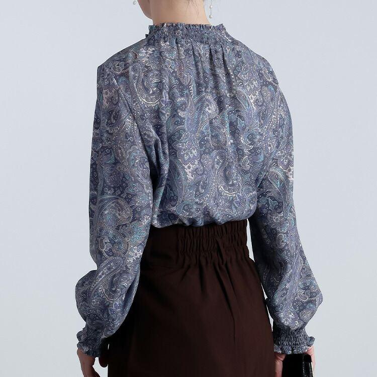 【準新作/再入荷】【送料無料】 ペイズリー柄シャーリングブラウス M-L 洗える 長袖 レディース トップス ブラウス チュニック とろみ 落ち感 ドレープ |  | 07