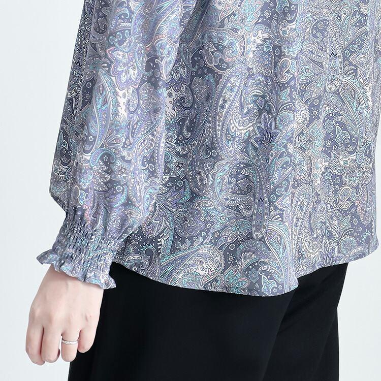 【準新作/再入荷】【送料無料】 ペイズリー柄シャーリングブラウス M-L 洗える 長袖 レディース トップス ブラウス チュニック とろみ 落ち感 ドレープ |  | 09