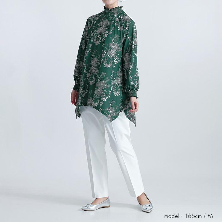 【送料無料】 花柄シャーリングチュニック M L 洗える レディース トップス チュニック ロングチュニック 長袖 ぽわん袖 シャーリング衿 体型カバー 春秋 |  | 10