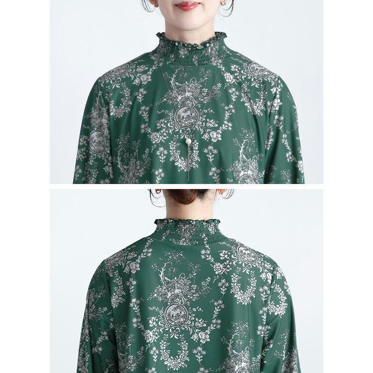 【送料無料】 花柄シャーリングチュニック M L 洗える レディース トップス チュニック ロングチュニック 長袖 ぽわん袖 シャーリング衿 体型カバー 春秋 |  | 11